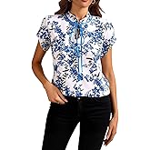 winkbay Women's Floral Blouse Tie Knot Short Sleeve Ruffle Hem Shirt Business Casual Dressy Tops