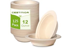 Paper Bowls Disposable Bowls [125-Pack], Eco-Friendly Compostable Bowls Made of Bagasse or Sugarcane Fiber, Heavy-Dut Natural