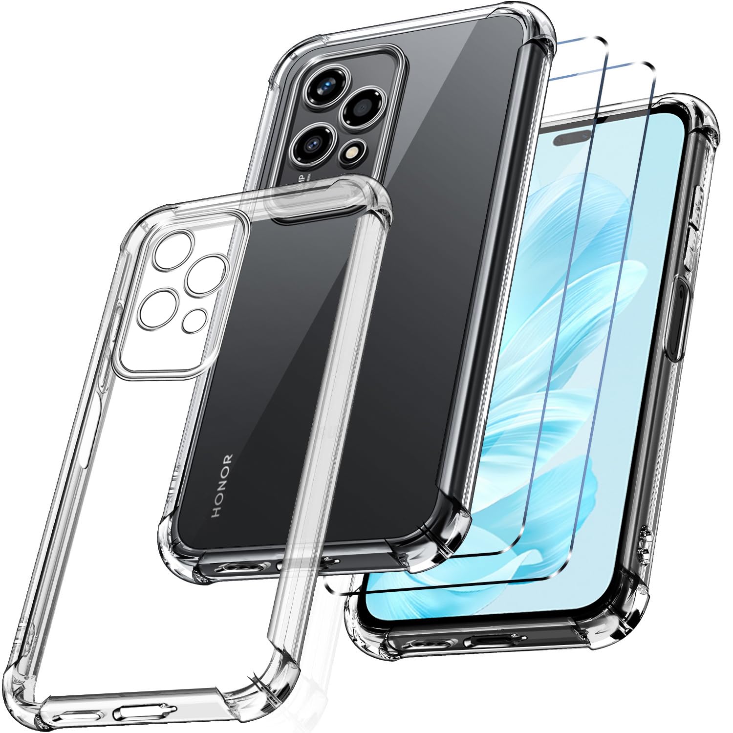 New&Teck Case for Honor 200 Lite 5G + 2 Tempered Glass Screen Protector, Soft TPU Silicone Case Cover, Bumper with Reinforced Corners Clear Protection (Transparent)