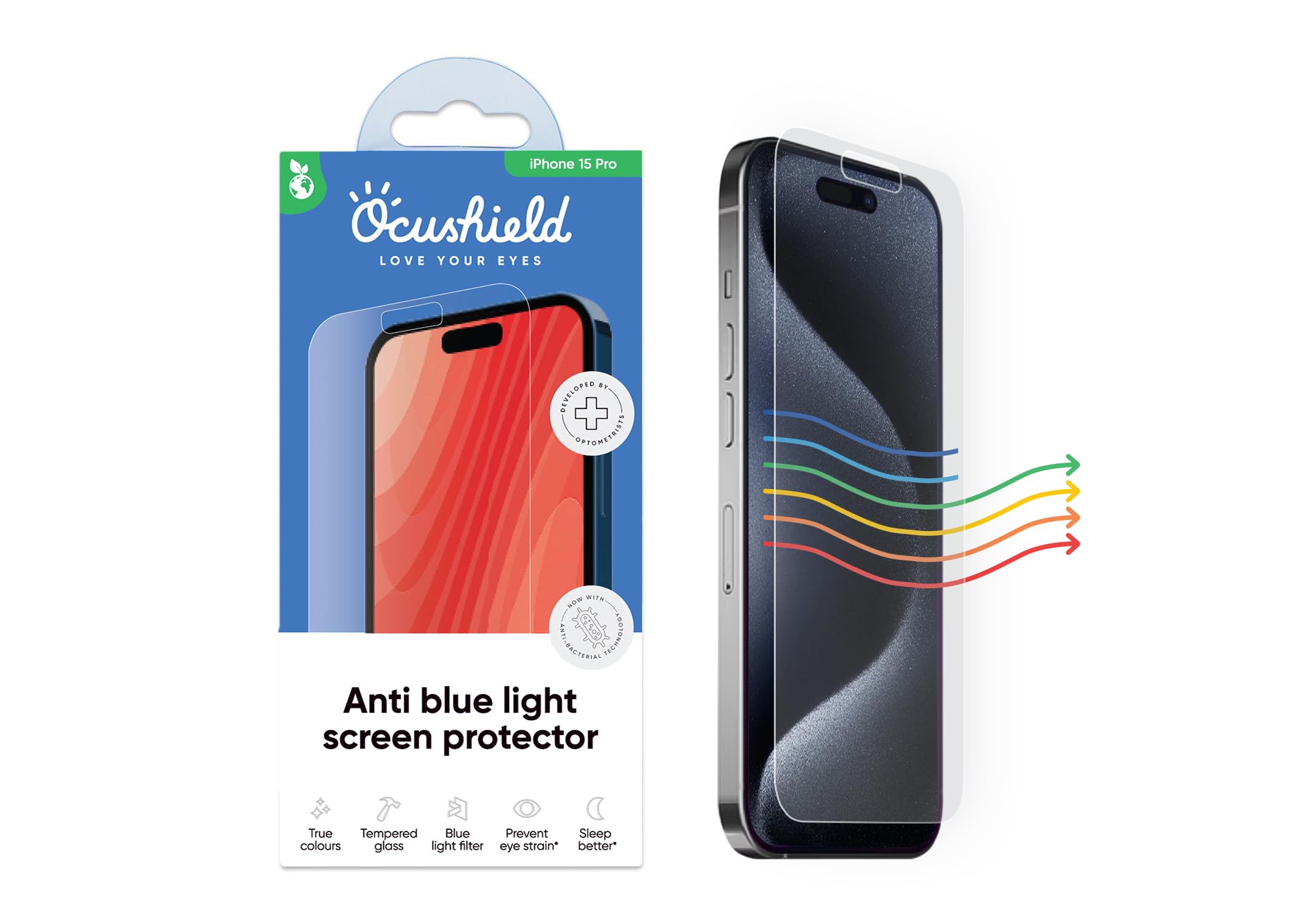Ocushield Anti Blue Light Tempered Glass Screen Protector for iPhone 15 Pro (6.1") - Protect Your Eyes, Reduce Migraines & Improve Sleep