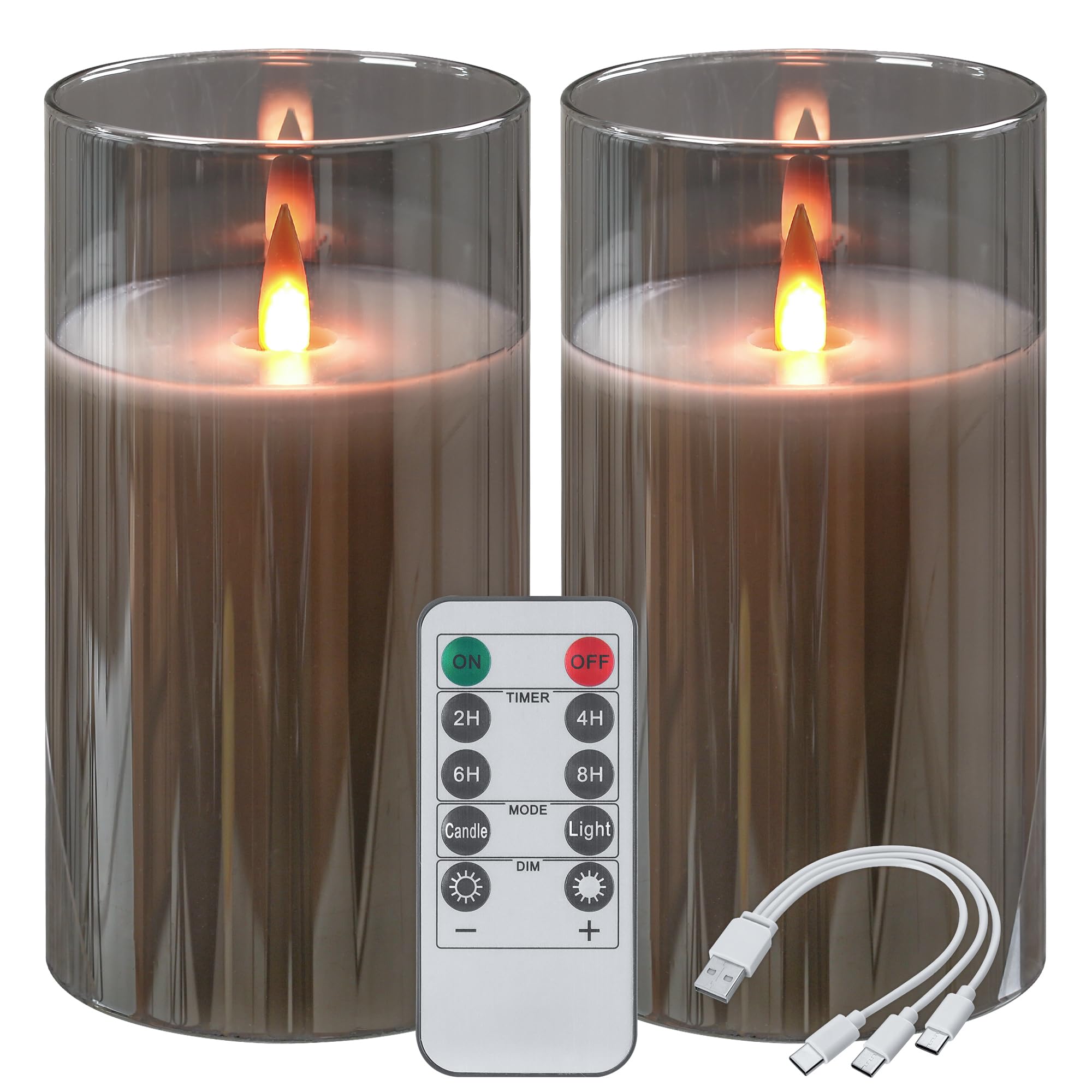 Photo 1 of Rechargeable Flameless Candles, Flickering LED Candles, Real Wax Candles with Remote and Timers, Glass Pillar Candles 3D Wick for Wedding Festival Home Decoration?6‘’ Candle Set of 2?Grey
