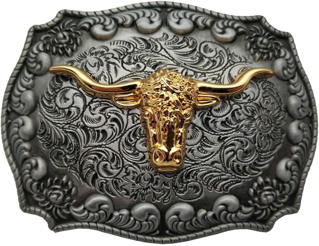 Yone Fibbia Cintura Western Cowboy 4x3 – Texas Longhorns Bull In Lega Di Zinco – Regalo Perfetto