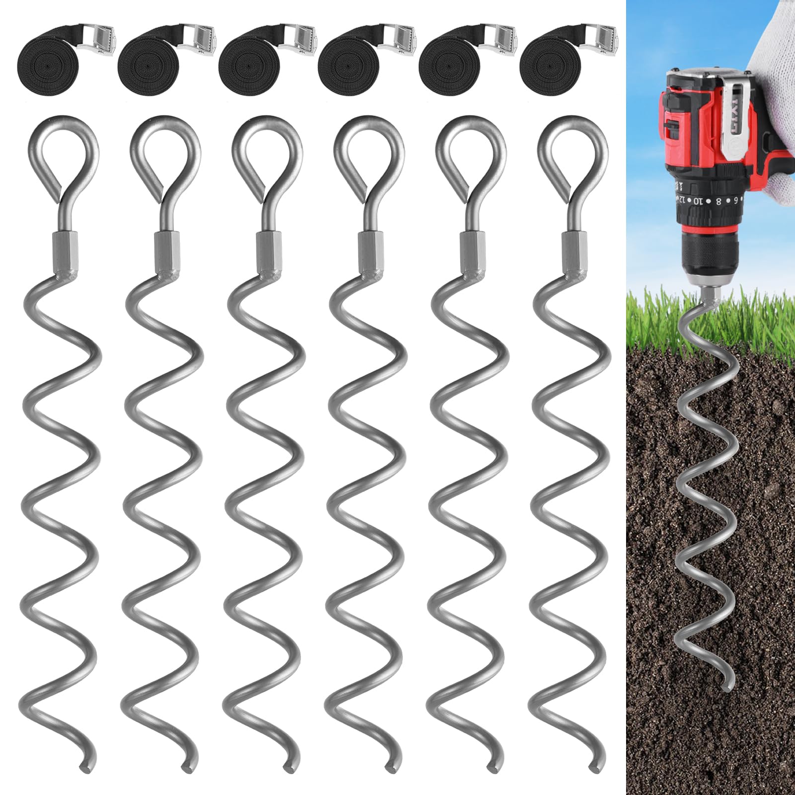 Photo 1 of XYADA 15.5 inch Spiral Ground Anchors,6 Packs Heavy Duty Earth Anchors Screw in Spiral Stakes - Shed Anchor Kit for Trampoline, Tent,Garden Fence, Dog Run,Sheds, Swings, Canopies(Silver)