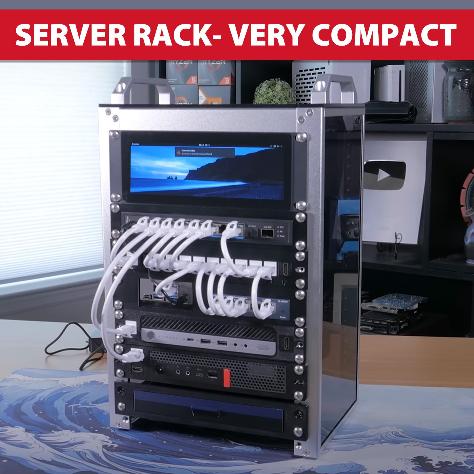 GeeekPi DeskPi RackMate T1, 8U 10 Zoll Serverschrank, 200 mm Tiefes Mini-Rack mit Regalboden & Blindplatte, für NAS, AV- & Netzwerktechnik (Silber) 5