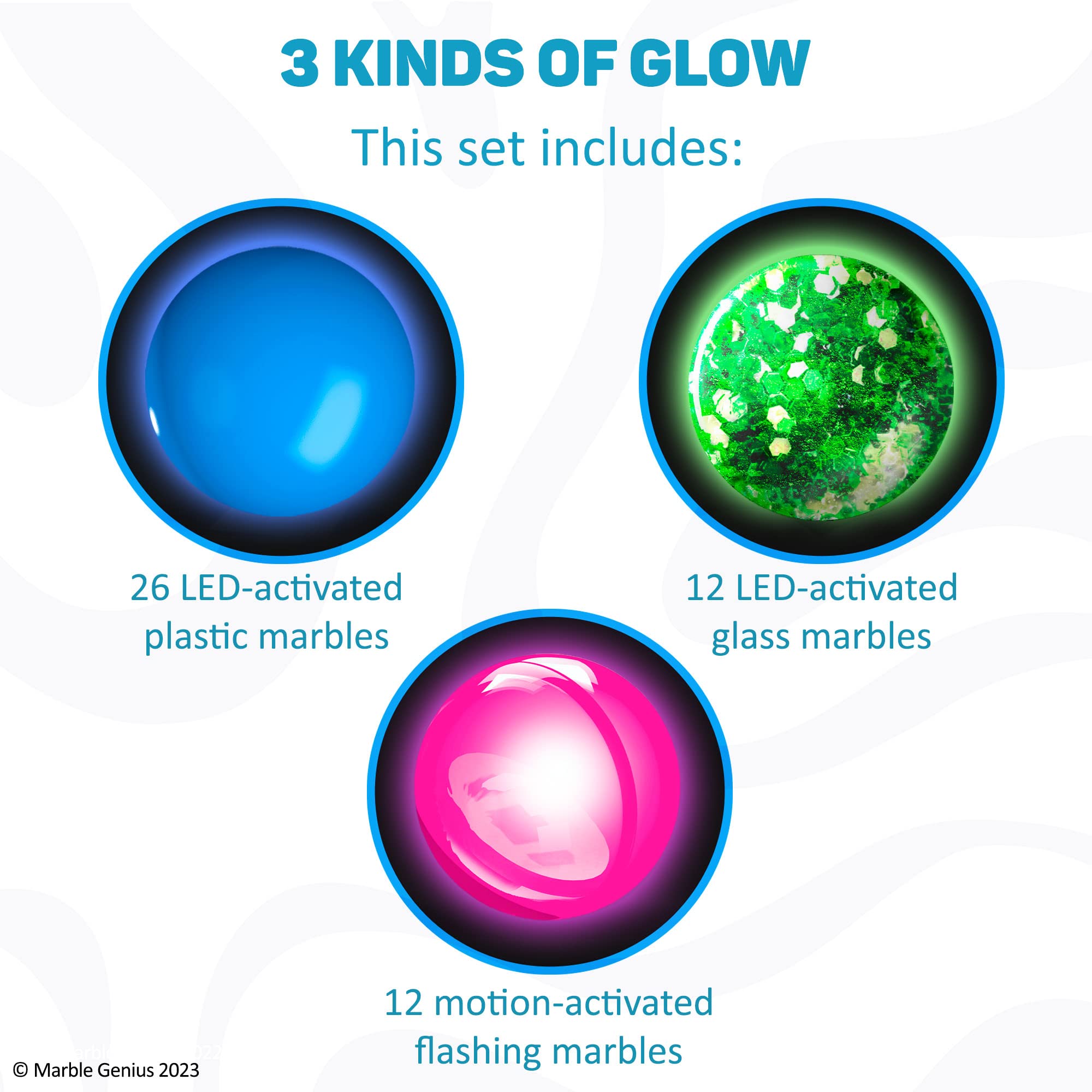 Marble Genius Glow in The Dark Marbles for Marble Run - 50 Pieces, Multicolor, Medium, Ages 4 & Up - Light-Up LED Orbs for Race Track & Colorful Play