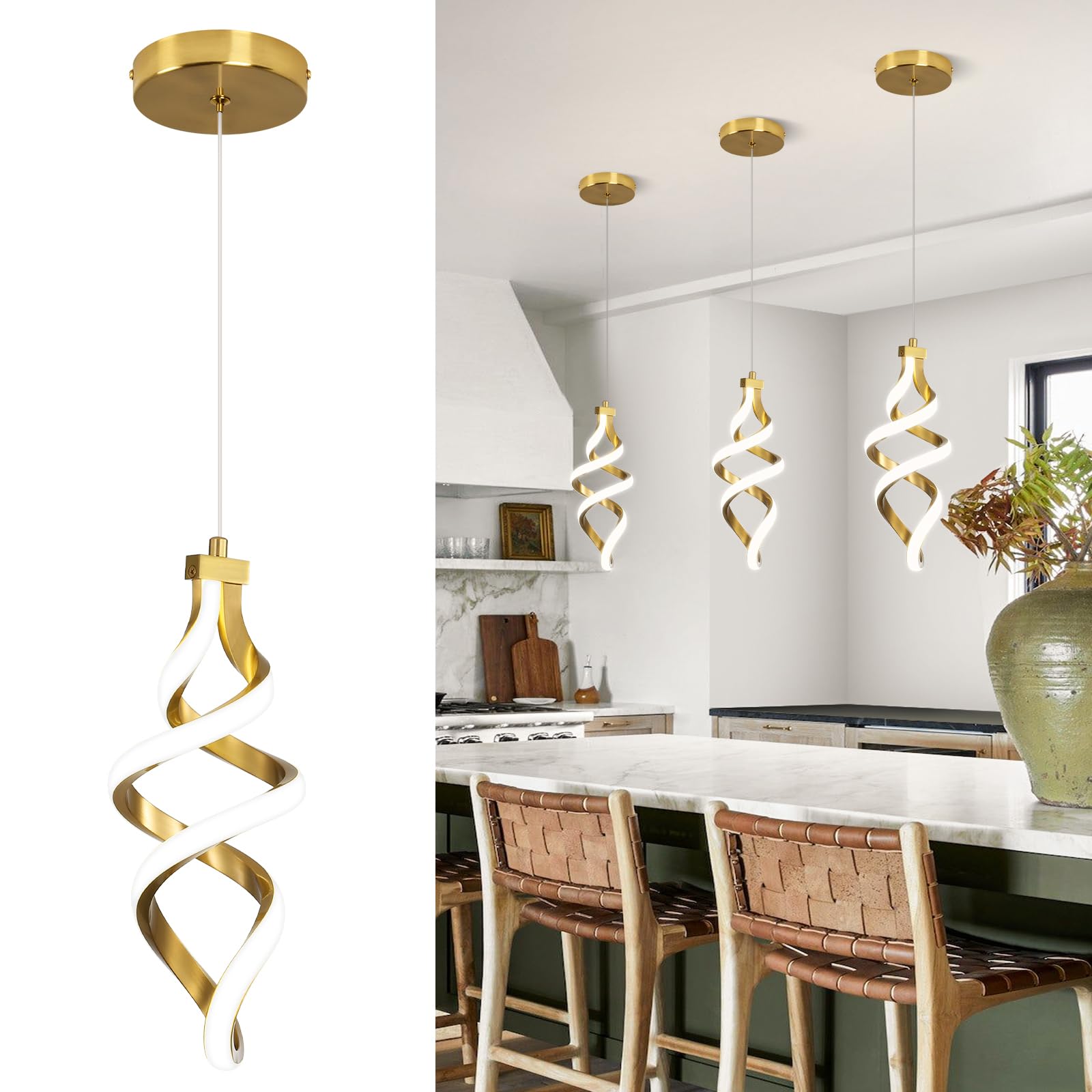 Photo 1 of ***1 PCS **** EIDISUNY Modern LED Pendant Light Fixture, 15W Spiral Led Chandelier Hanging Lamp, 4500K Pendant Lights Kitchen Island, Adjustable Height Pendant Light for Dining Room Bedroom Kitchen Island Cafe