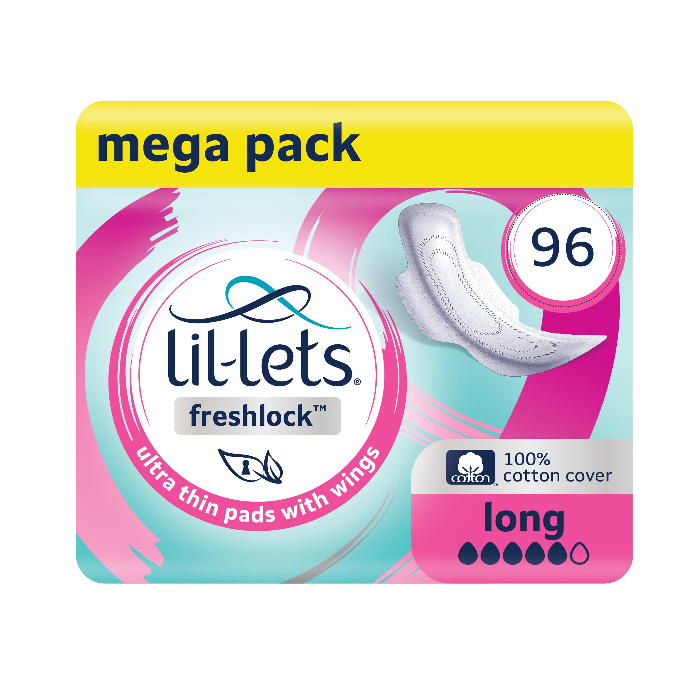 Lil-Lets Freshlock™ Ultra Thin Period Pads - 96 Count, Long Absorbency, with Wing, 8 Packs of 14 Pads - Bulk Pack, Unscented, 100% Cotton Cover, Super Absorbency Sanitary Towels