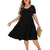 Younrui Women's Plus Size Casual Summer Tiered Dresses Short Sleeve Scoop Neck Ruffle Hem Loose Fitting Midi Babydoll Dress