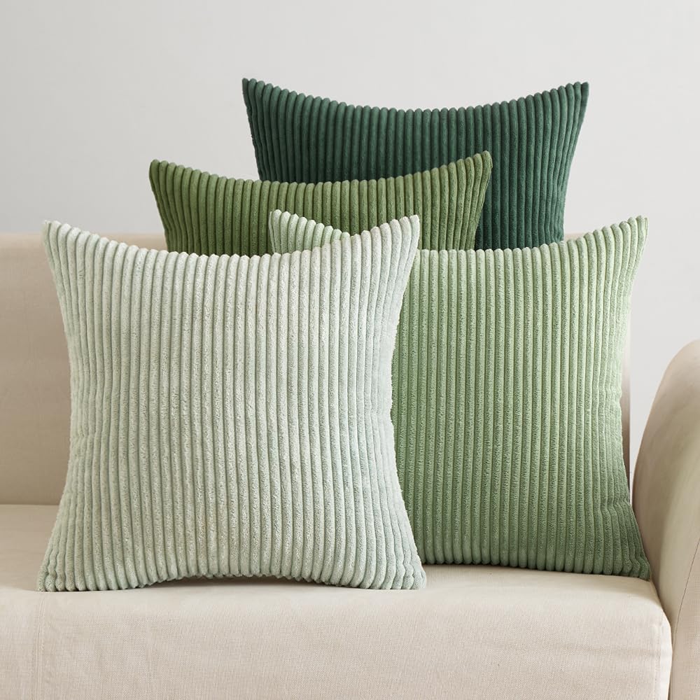 EMEMA Corduroy Cushion Covers Pack of 4 Decorative 40 x 40 cm Pillow Cases Soft Cushion Covers Modern Comfortable Sturdy for Bedroom Sofa Bed Sage Green