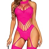 RSLOVE Fishnet Bodystocking for Women – Sleeveless Halter One Piece Lingerie High Stretch Footless Design