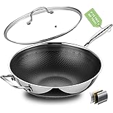 SAKAMOSH Hybrid 12 Inch Wok Pan with Lid, 5QT Stainless Steel Deep Woks & Stir-fry Pans with Flat Bottom, Stay-Cool Handle, Induction & Dishwasher & Oven Safe, Non Toxic, PFOA Free Skillet Cookware