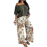SOLY HUX Women's Plus Size 2 Piece Vacation Outfits Off The Shoulder 3/4 Sleeve Top and Boho Print Pants Set