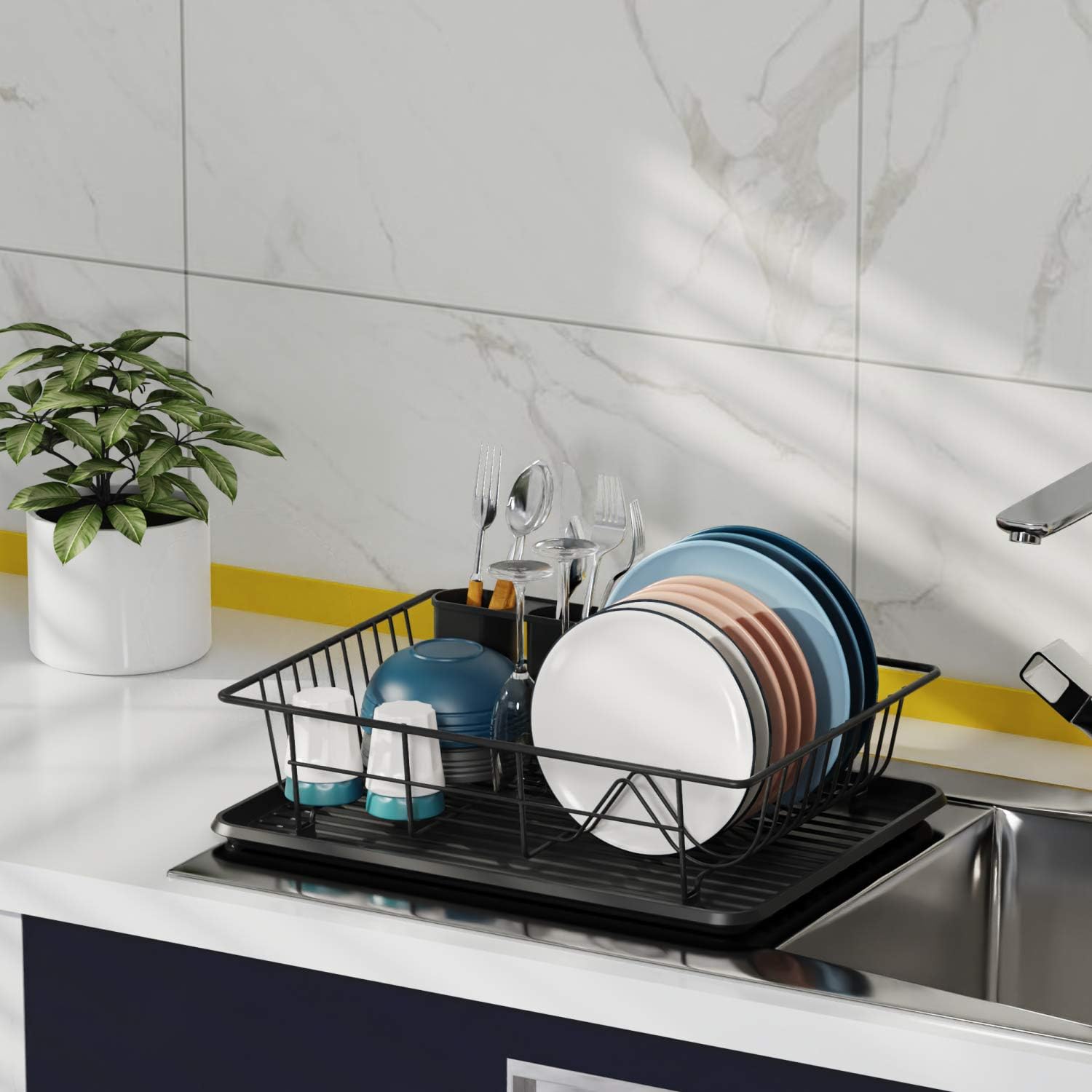 Dish Drying Rack GSlife Dish Rack with Tray Small Dish Drainer for Kitchen Countertop, Black: Kitchen & Dining