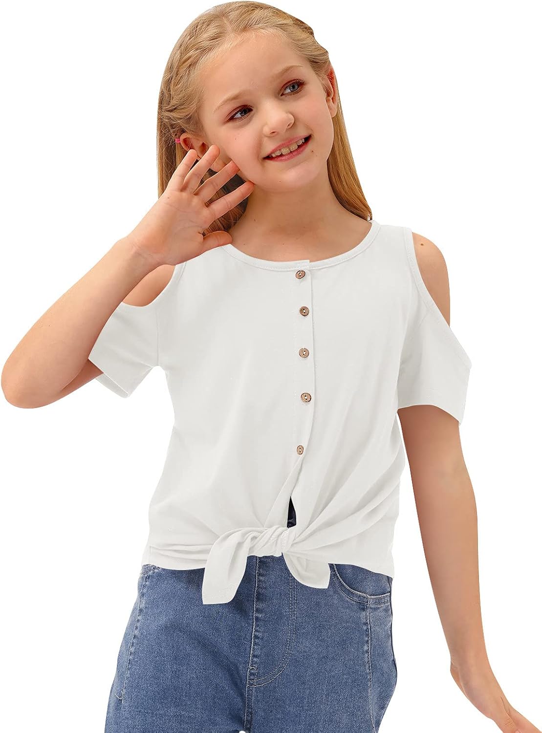 BesserBay Girl's Casual Solid Twist Knot Front Tunic Shirt Cold Shoulder Top 3-12 Years: Clothing