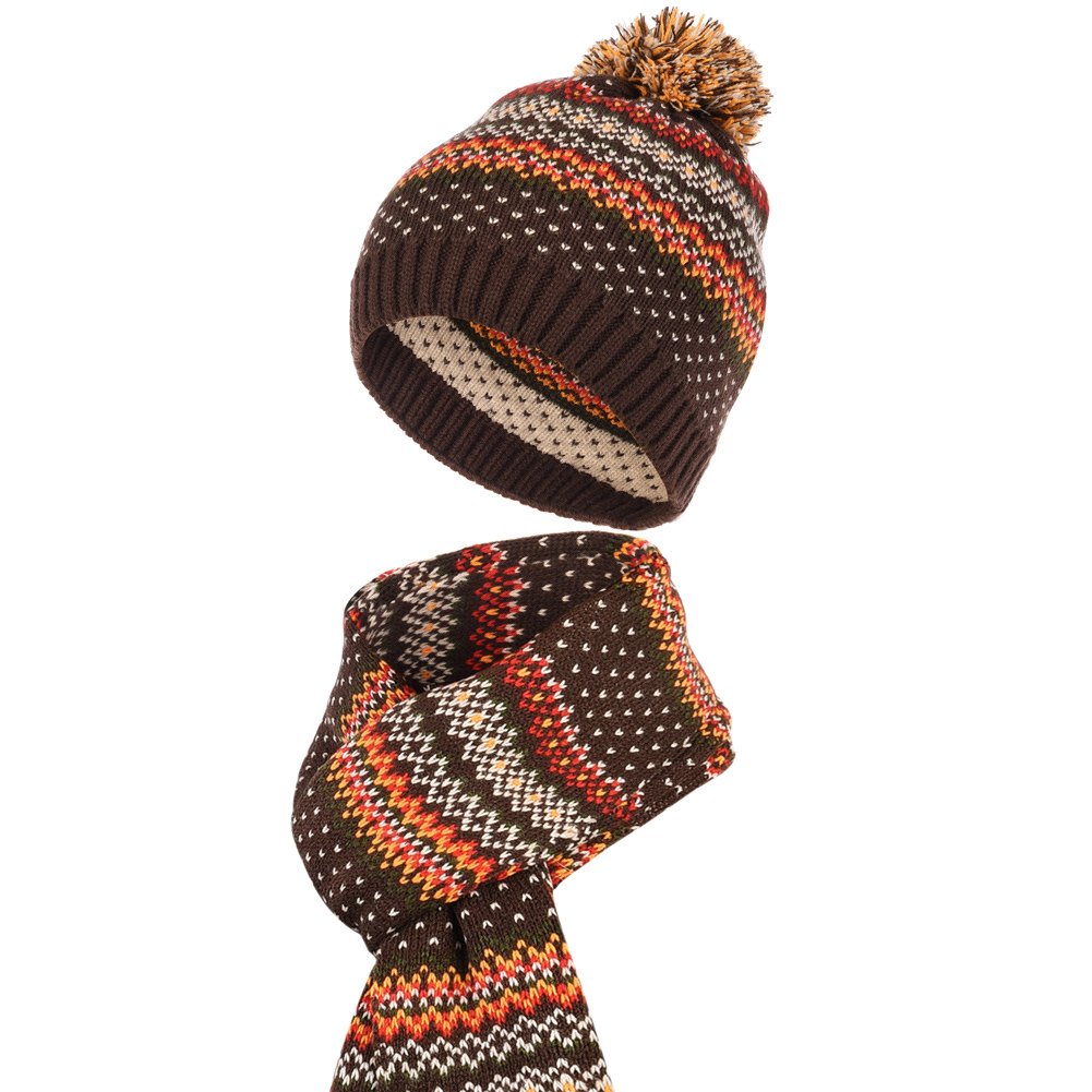 Vbiger Wintermütze klassische Beanie Mütze Damen Mütze und Schal Warm Strickmütze und Strickschal 2 PCS, Kaffee+, Einheitsgröße