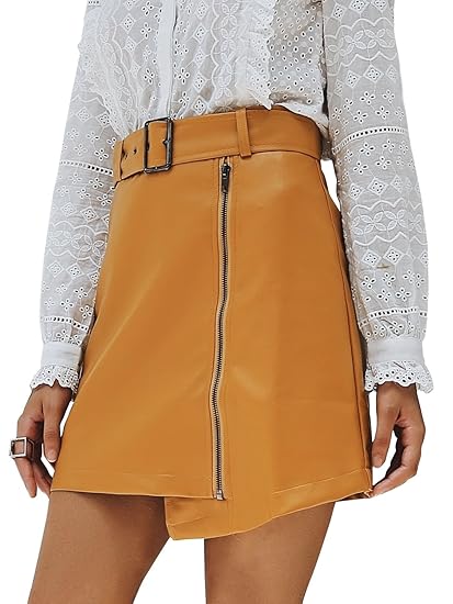 Annybar Damen Rock Kurz Elegant A Linien High Waist Leder Reißverschluss Sommer Minirock