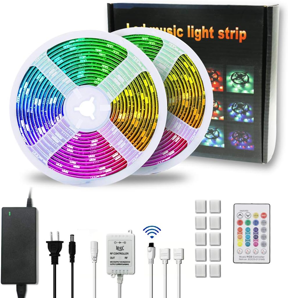 TDRSHINE Led Strip Lights with Music Sync, 32.8ft RGB LED Strip Color Changing Remote Lights, SMD 5050 Waterproof Music String Lighting Kit with 24-Key IR Remote Controller