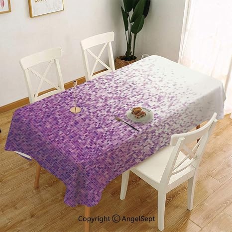 Amazon コンピューターアートスタイルタイルモザイク平方複雑なピクセルパーティーミックスアートコンセプト北欧 復古木目調 テーブルクロス 綿麻 生地 吸水 耐熱 長方形 防塵 耐熱 滑り止め ナチュラル 137 X 185マゼンタの装飾パープルホワイト テーブルクロス