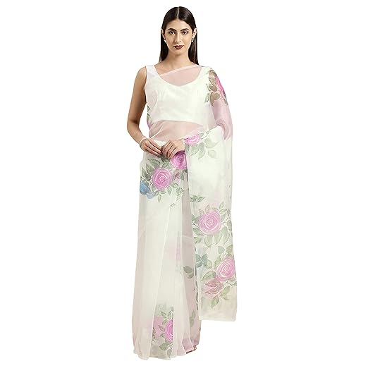 Womanista crepe with blouse piece Saree (WM1308_ Off White & Multi_ Onesize)