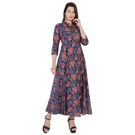 Women's Jaipuri Printed Long Midi Maxi Dress (Multicolor, Free Size)