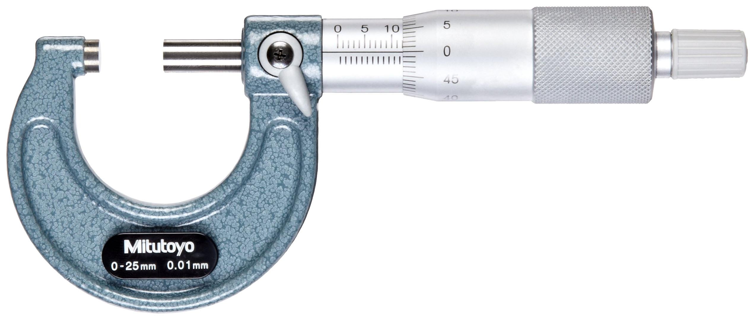Mitutoyo 103-129 Outside Micrometer, Baked-enamel Finish, Ratchet Stop, 0-25mm Range, 0.001mm Graduation, +/-0.002mm Accuracy