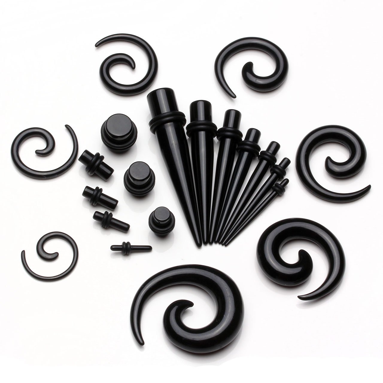 BOPREINA Ohrpiercing Set 21 Paare Acryl 2-10mm Knochenstab Straight Plug Set Schnecke Tupfen Spirale Taper Tunnel Set Dehnstab Dehnungsset Ohr Expander Piercing Set Unisex Punk, Schwarz/Weiß (Schwarz)