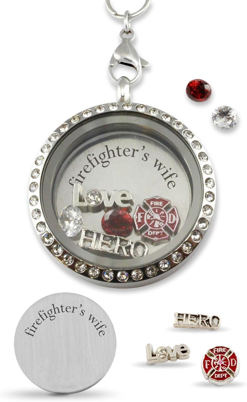 Perfect Firefighter Gift, Hero Floating Charms Living Memory Locket Magnetic Closure 30mm Stainless Steel Pendant Necklace