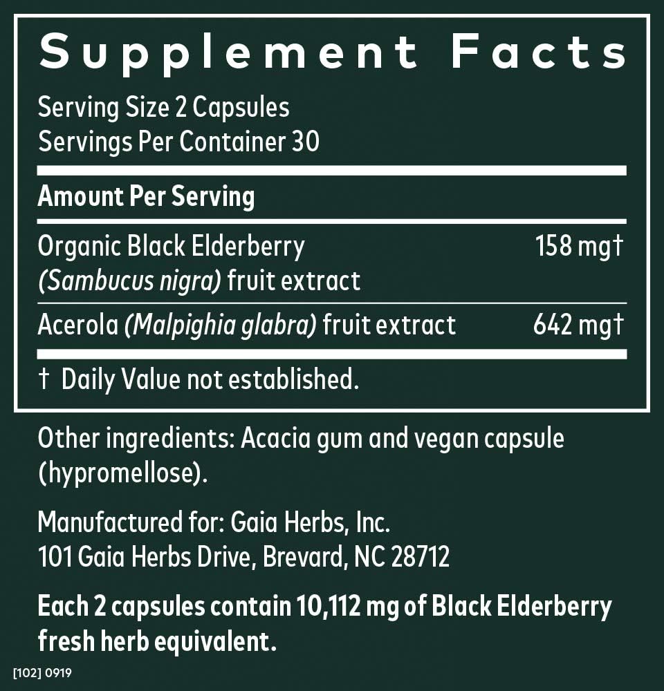 Gaia Herbs, Black Elderberry, Organic Sambucus Elderberry Extract for Daily Immune and Antioxidant Support, Vegan Powder Capsules, 60 Count: Health & Personal Care