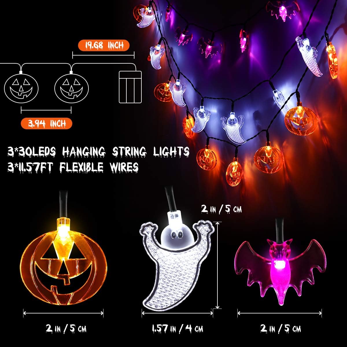 Halloween String Lights, 3 Pack Halloween Decoration Lights, LED