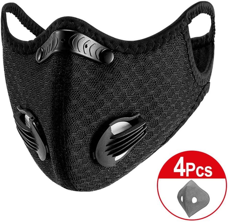 ENG K.T. Direct Dust Mask Respirator Fitness Dust Mask with Earloop,Dust Masks Anti-Pollution Dust proof with 2 Breathing Valves for Pollen Woodworking Running Cycling Outdoor. (Black+4 Filter)