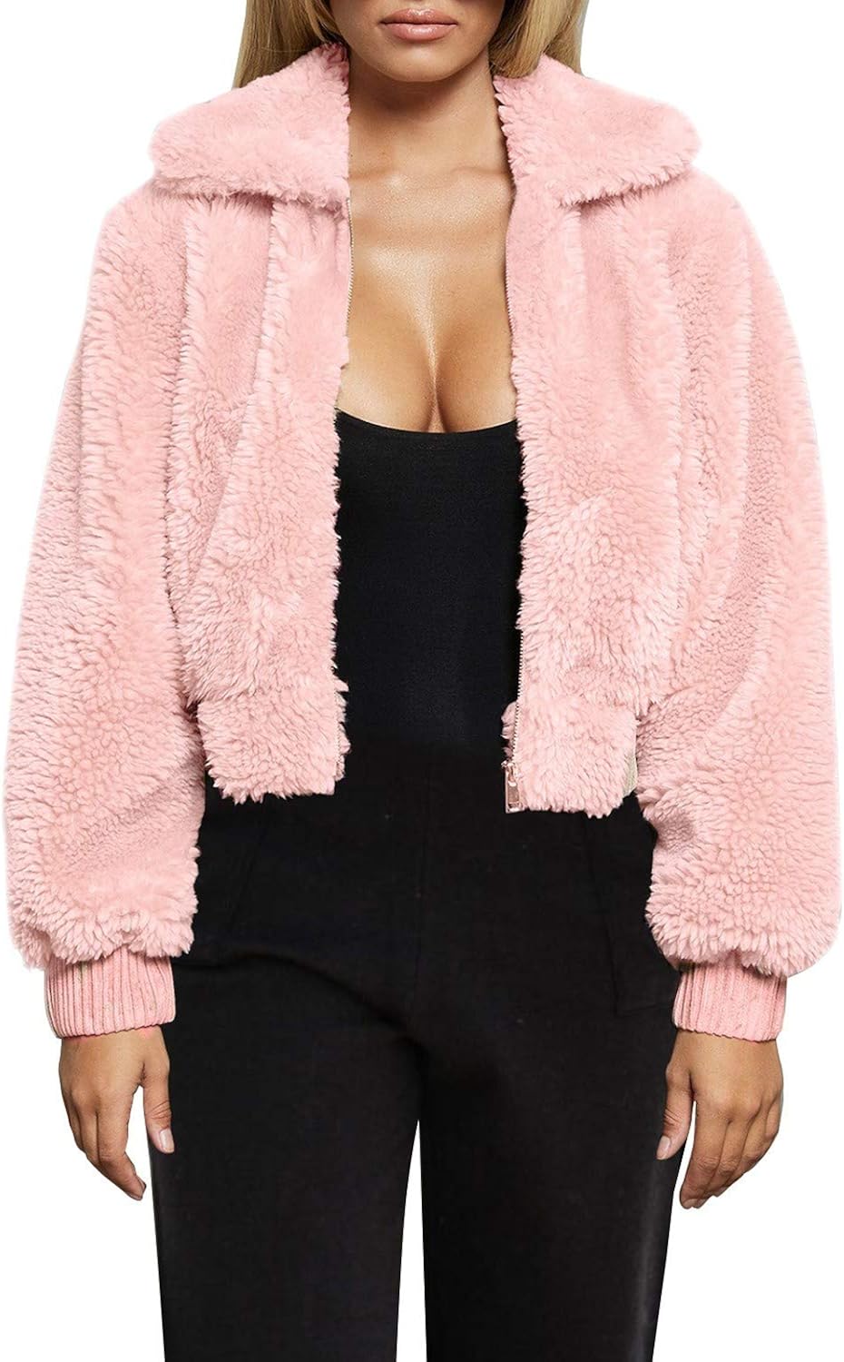 FANCYINN Womens Teddy Cropped Faux Fur Jacket Furry Lapel Coat Zip Up with Pockets Warm Winter at  Women's Coats Shop