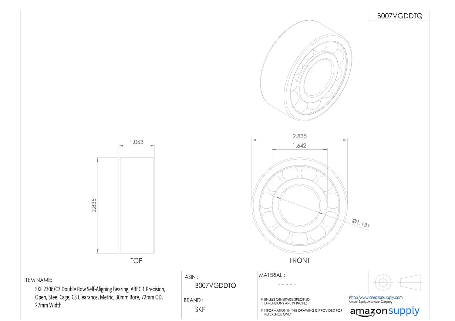 C3 Clearance SKF 2306/C3 Double Row SelfAligning Bearing Metric Open