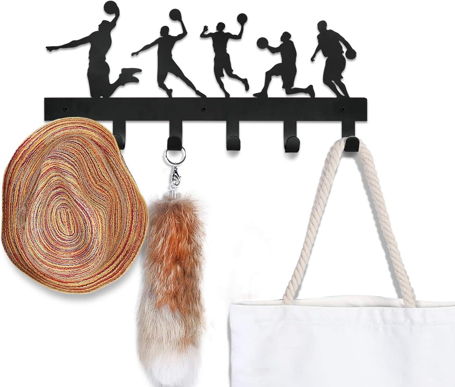 KangBazi Wall Hooks for Coats and Hats Entryway Key and Dog Leash Holder Backpack Hanger Clothes Rack Children Room Decor Basketball Pattern Black Finish