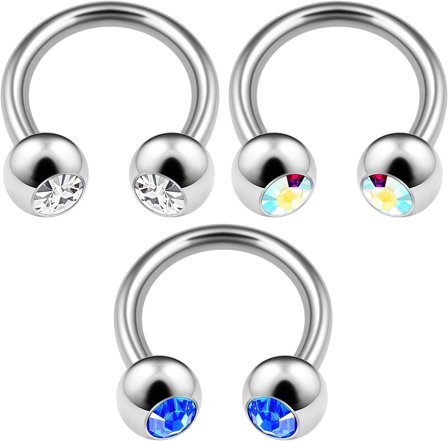 3PCS Surgical Steel Horseshoe Barbell 14 Gauge 5/16 8mm 4mm Crystal Ball Eyebrow Lobe Earrings Septum Piercing Jewellery 3288