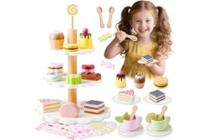 Wooden Tea Party Set for Little Girls, Ehome Princess Tea Time Toy Including Dessert Tray Cake, 31pcs Kids Dessert Toys Pretend Play for Girls Boys Age 1-6