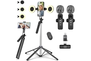 Vlogging Kit for iPhone/Android, Metal Selfie Stick Tripod for iPhone with Light and Microphone,70 inch Tall Adjustable Phone