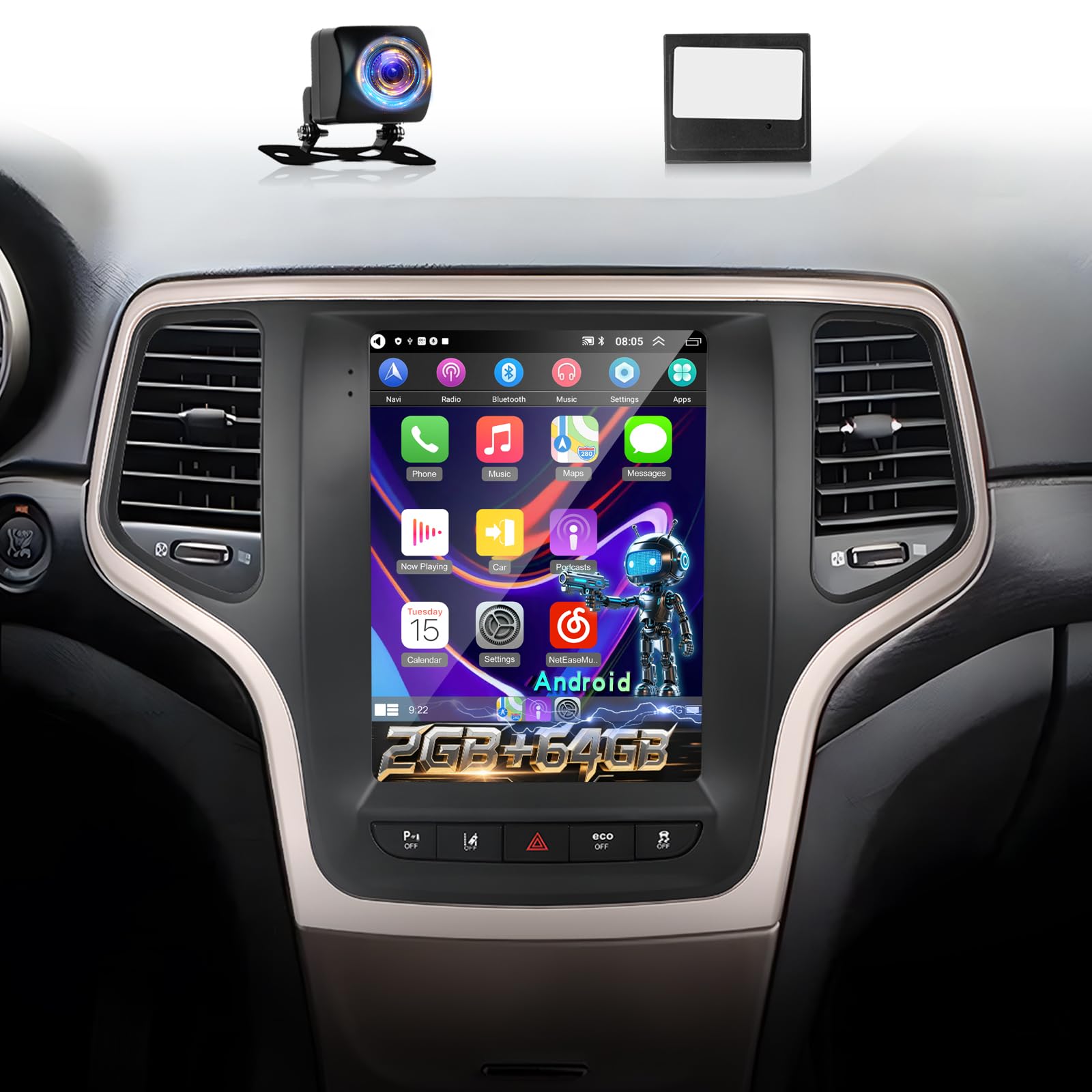 View 1 of [2+64] Volxcereo Car Radio for Jeep Grand Cherokee 2014-2020, 9.7 inch Android Vertical Touchscreen Stereo with Carplay/Android Auto, GPS Navigation, WiFi, Bluetooth, SWC, FM/RDS, EQ