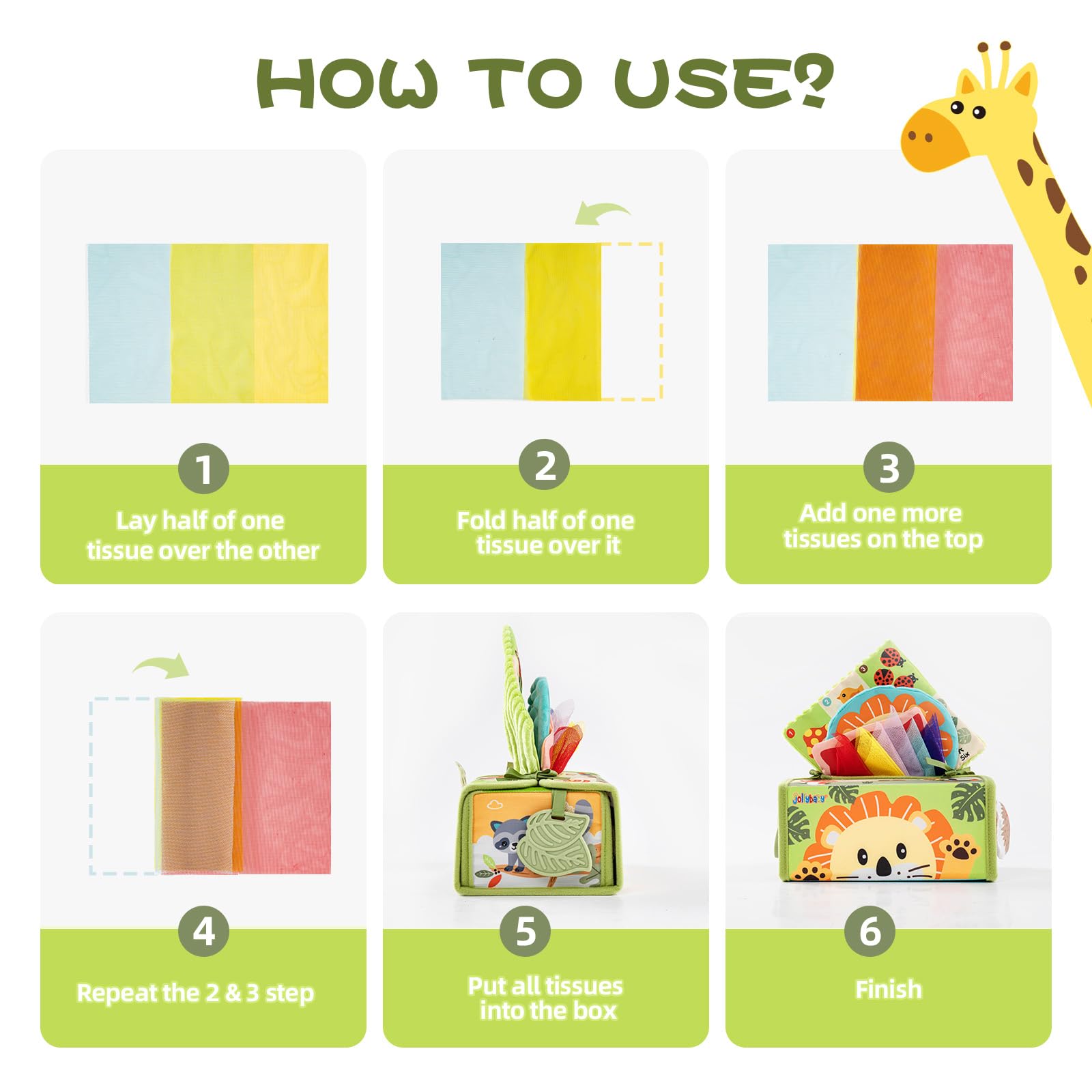 Jollybaby High Contrast Baby Tissue Box Toy for Baby 6-12 Months, Montessori Sensory Learning Toys for 1 Year Old Infant with Teether Crinkle Paper, Tummy Time Mirror Toys for Newborn Gift, Green