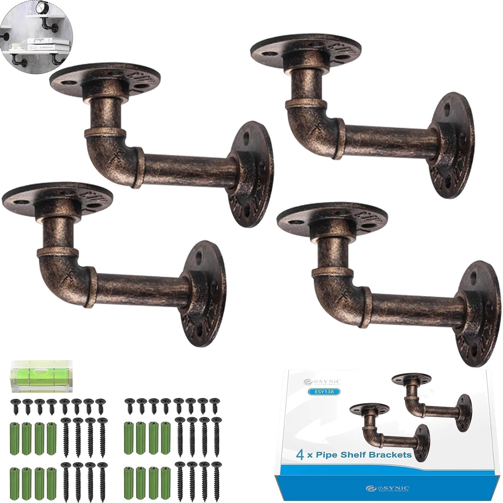 eSynic Popular 4Pcs Pipe Shelf Brackets Industrial Tube Rack Pipe Brackets for Book Shelf Rustic Floating Shelves for Scaffold Board (9 * 13cm) with a Mini Bubble Spirit Level (4 Pack)
