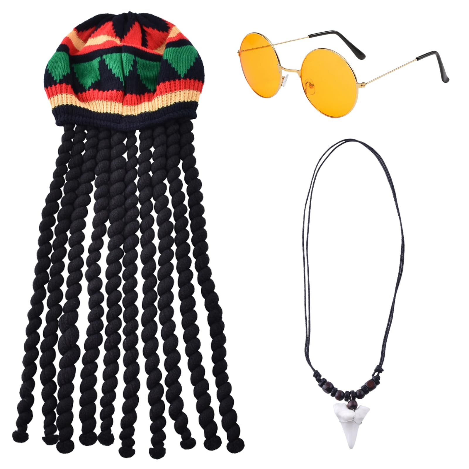 BDSHUNBF 3 Pack Rasta Hat, Rasta Hat with Black Dreadlocks, Dreadlocks Wig, Caribbean Fancy Dress Costume, Braided Wig Cap, with Yellow Glasses and Necklace, Masquerade Costume Accessories