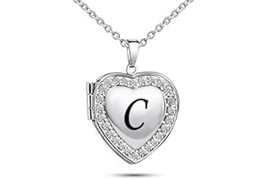 KunBead Name Initial Custom Heart Locket Letter Love Pendant Necklace for Women with Birthstone that Holds Pictures for Family