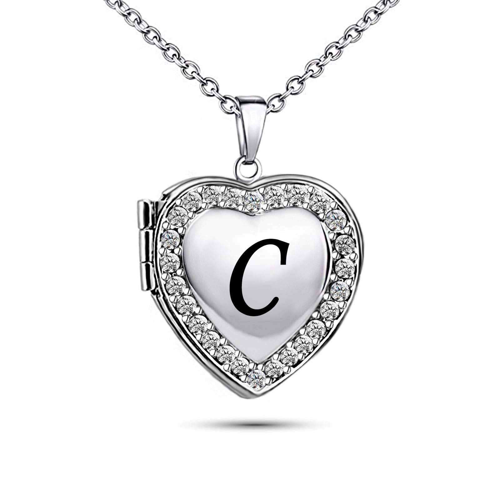 KunBead Jewelry Love Engraved Heart Locket Necklace Dainty Personalized Name Letter C Initial Necklace for Auntie