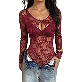 Avidlove Women Lace Bodysuit Long Sleeve Sheer Mesh Top Sexy Keyhole V Neck Cutout Bodysuit Snap Closure Leotard