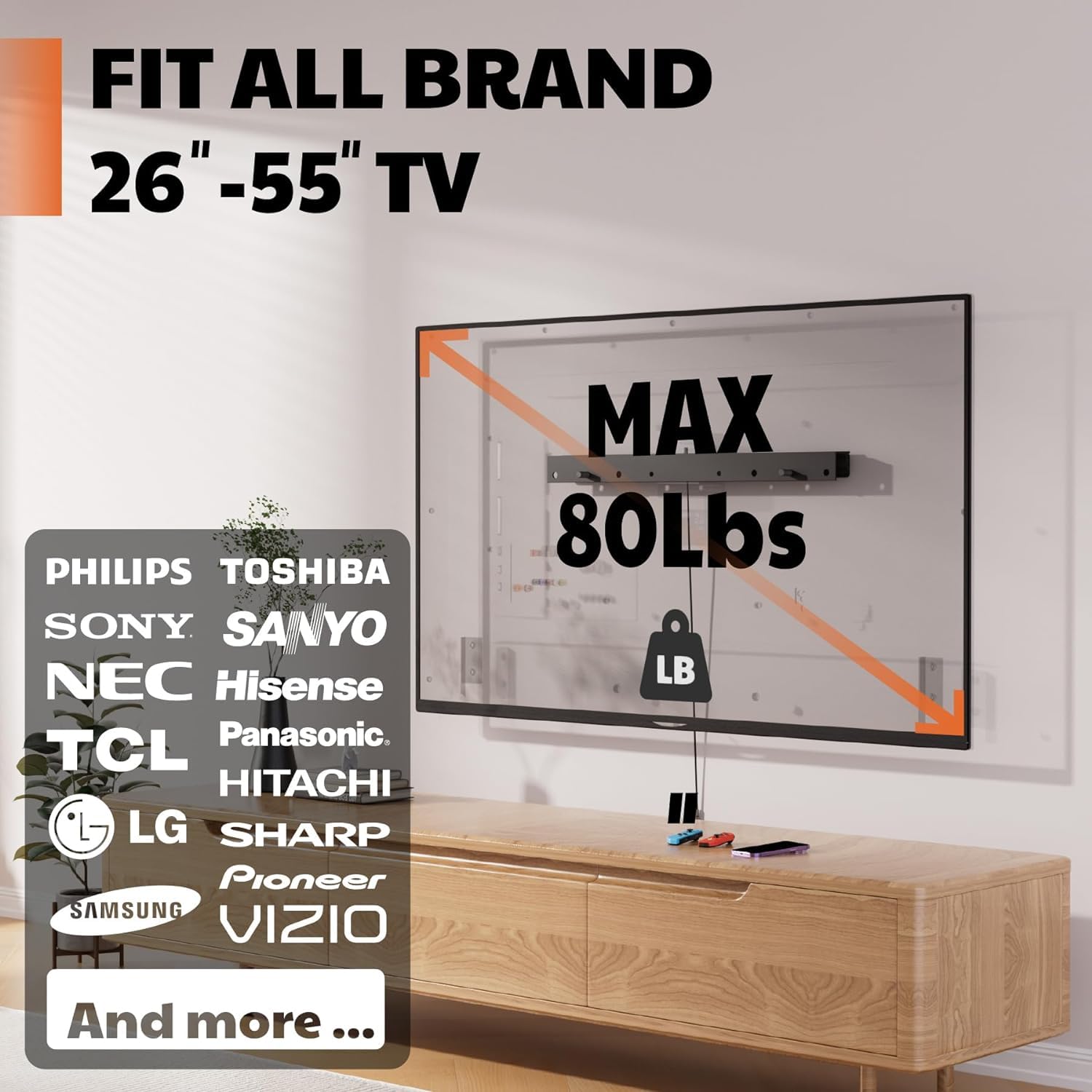 AENTGIU Studless TV Wall Mount, Heavy Duty Drywall TV Bracket Hanger for 26-55 inch Flat Screen TVs, No Stud, NO Drill, No Anchors, Easy Install with All Hardware Included