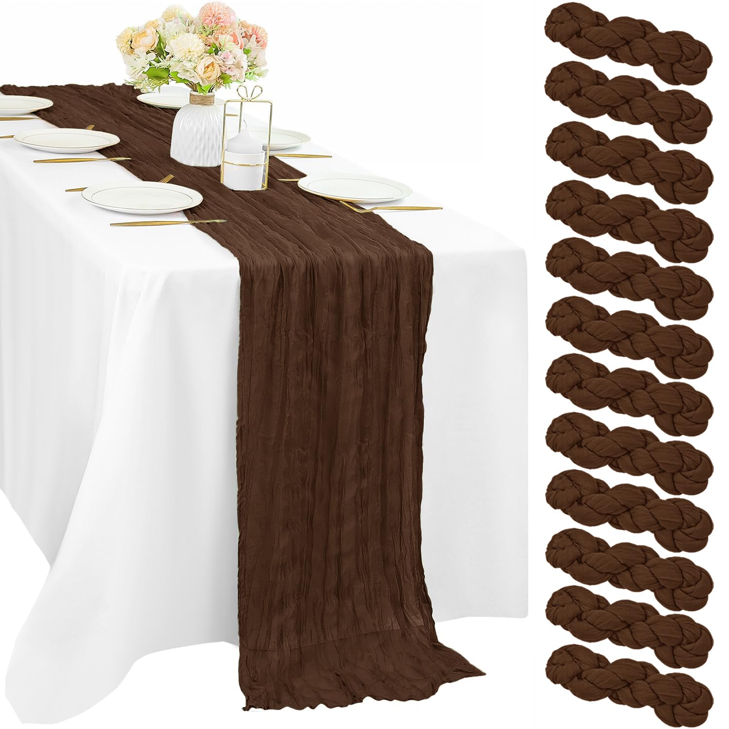 Photo 1 of 12 Pcs Cheesecloth Table Runner 10FT Brown Runner for Tables Gauze Fabric 35 x 120 Inches Long Boho Table Runner Decor Rustic Sheer Runner for Wedding Birthday Bridal Shower Party (Brown)