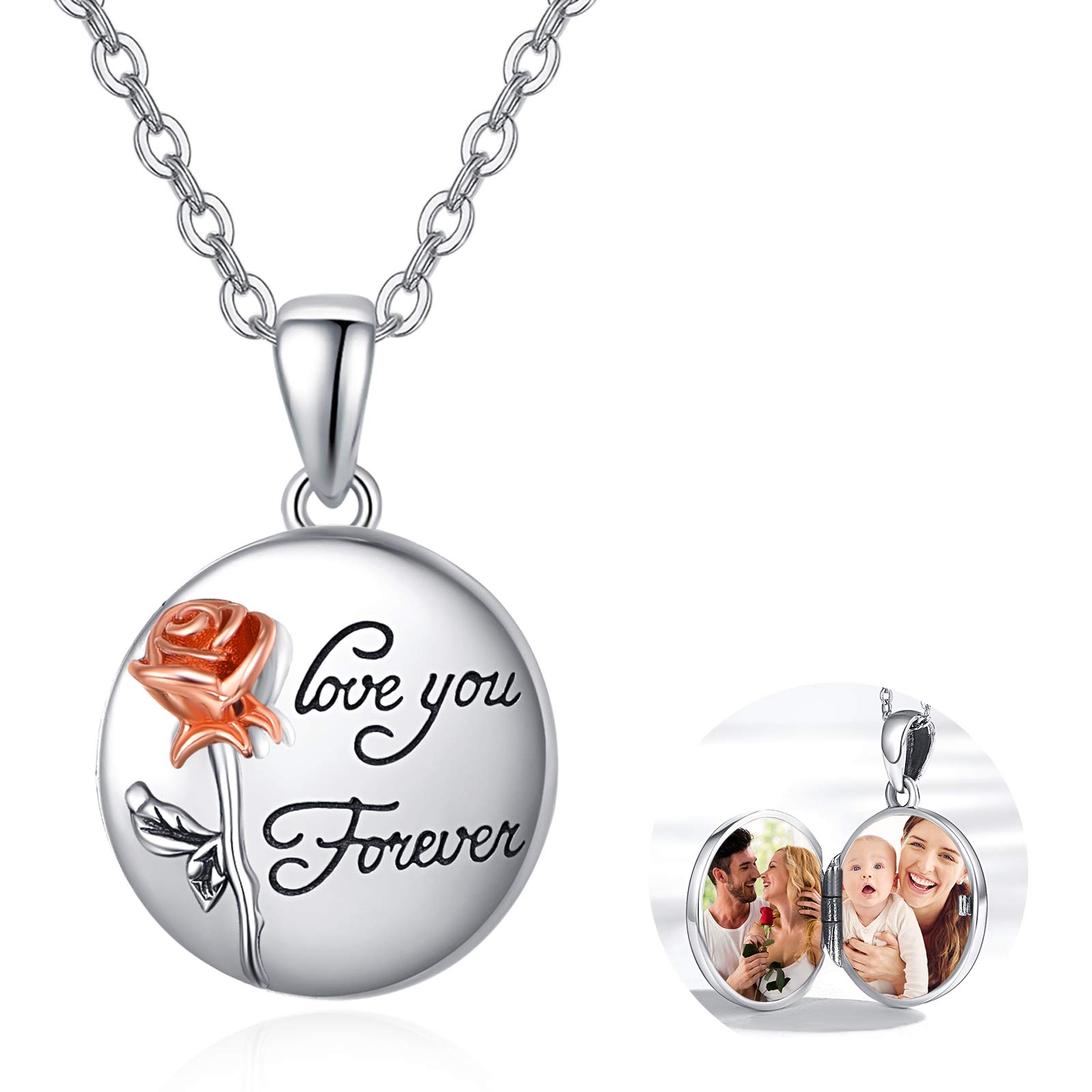 KINGWHYTE Rose Flower Locket Necklace 925 Sterling Silver Heart Locket Pendant That Hold Picture Birthday Gifts for Women Girls