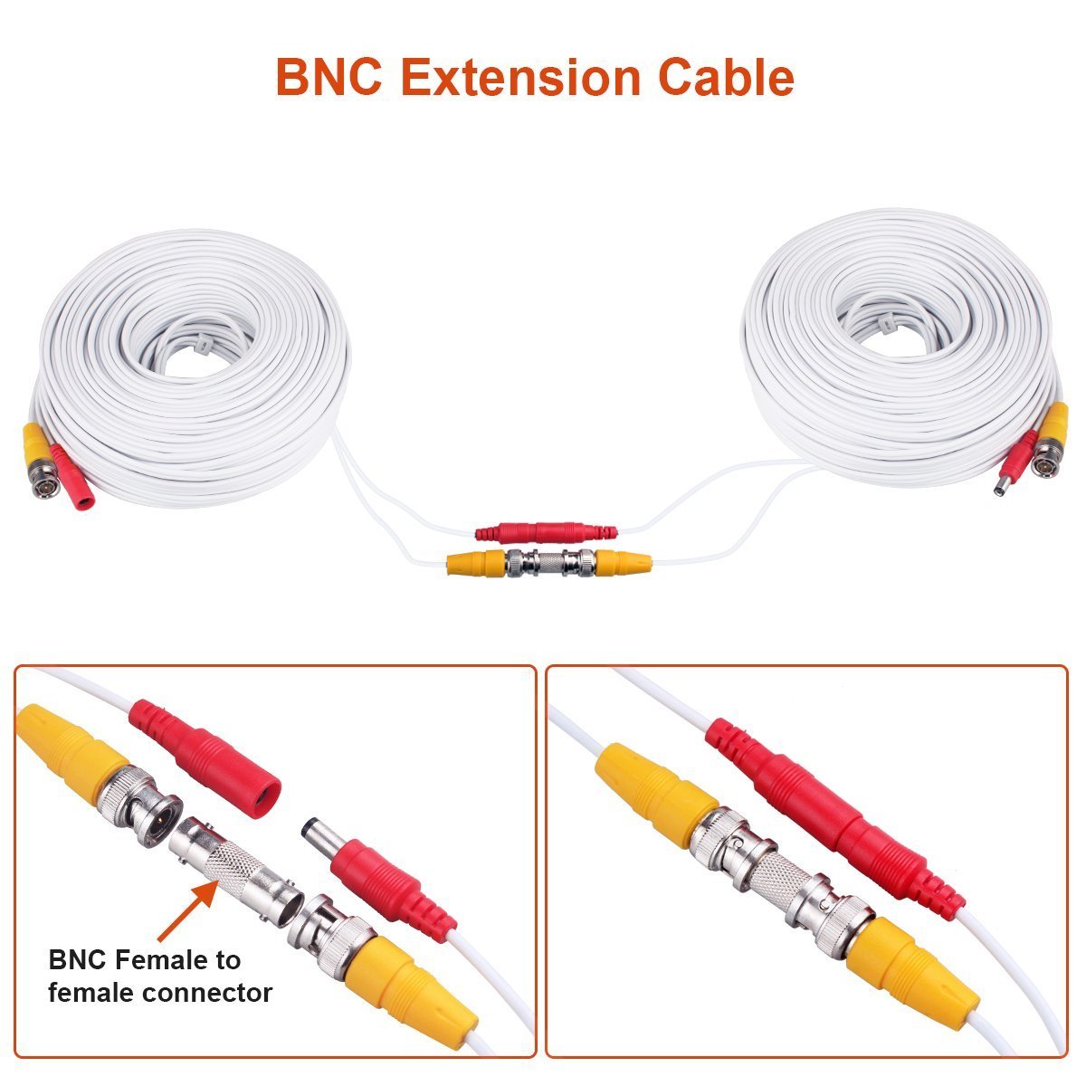 BNC Cable,2x200ft All-in-One Siamese Video and Power Security Camera Cable Wire, BNC Extension Cable with 2 Female Connectors for All Max 5MP HD CCTV DVR Surveillance System (200ft 2PCS,White)