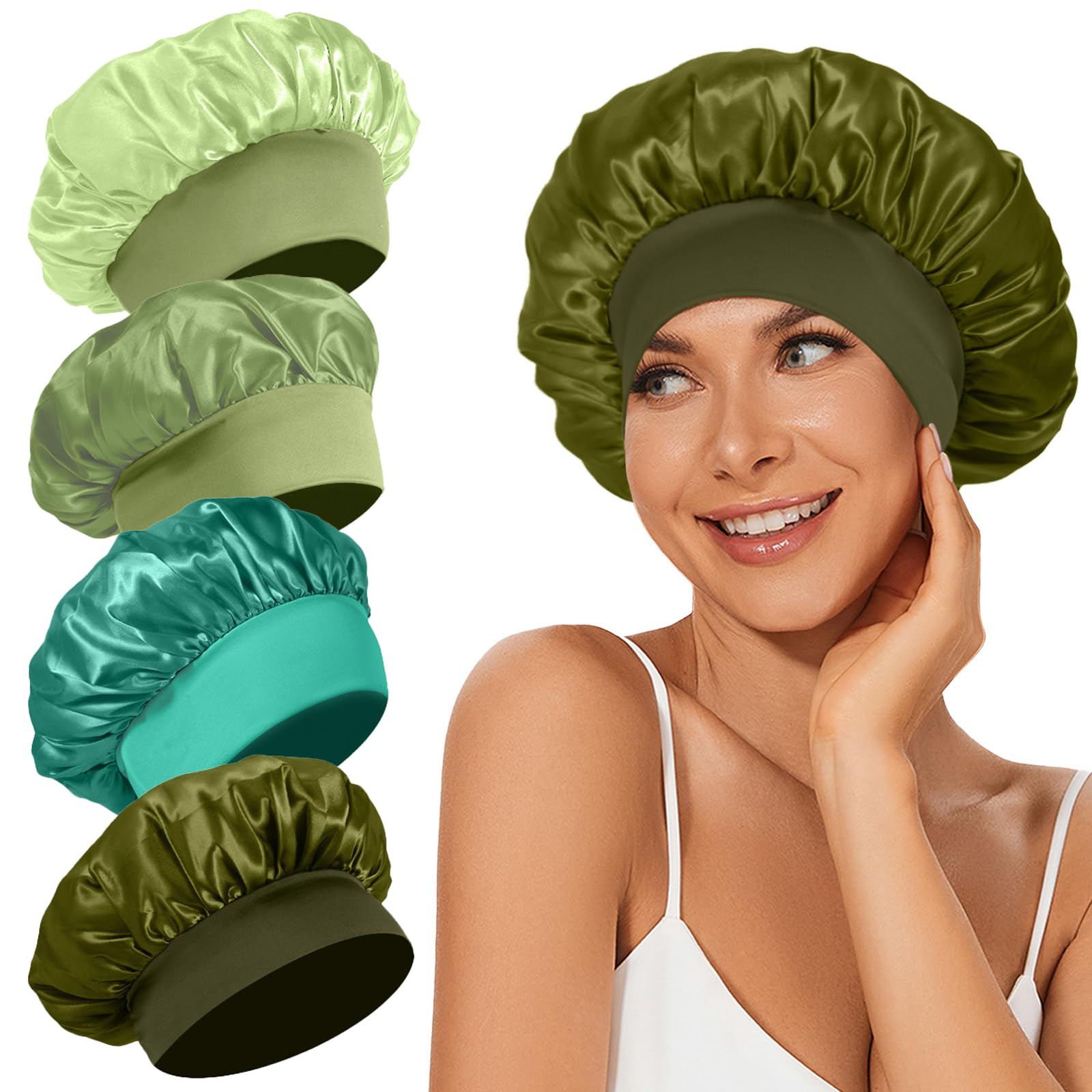 Photo 1 of 4Pcs Satin Bonnet Silk Bonnet, Hair Bonnet for Sleeping, Elastic Wide Band Silk Sleep Cap, Shower Cap Soft and Breathable (Green Series)