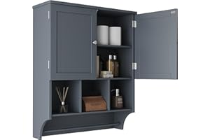 HOMEFORT Bathroom Wall Cabinet Medicine Cabinets Over The Toilet Storage Cabinet with Towels Bar 2 Door Adjustable Shelves Large Space for Bathroom Wall Mounted Grey