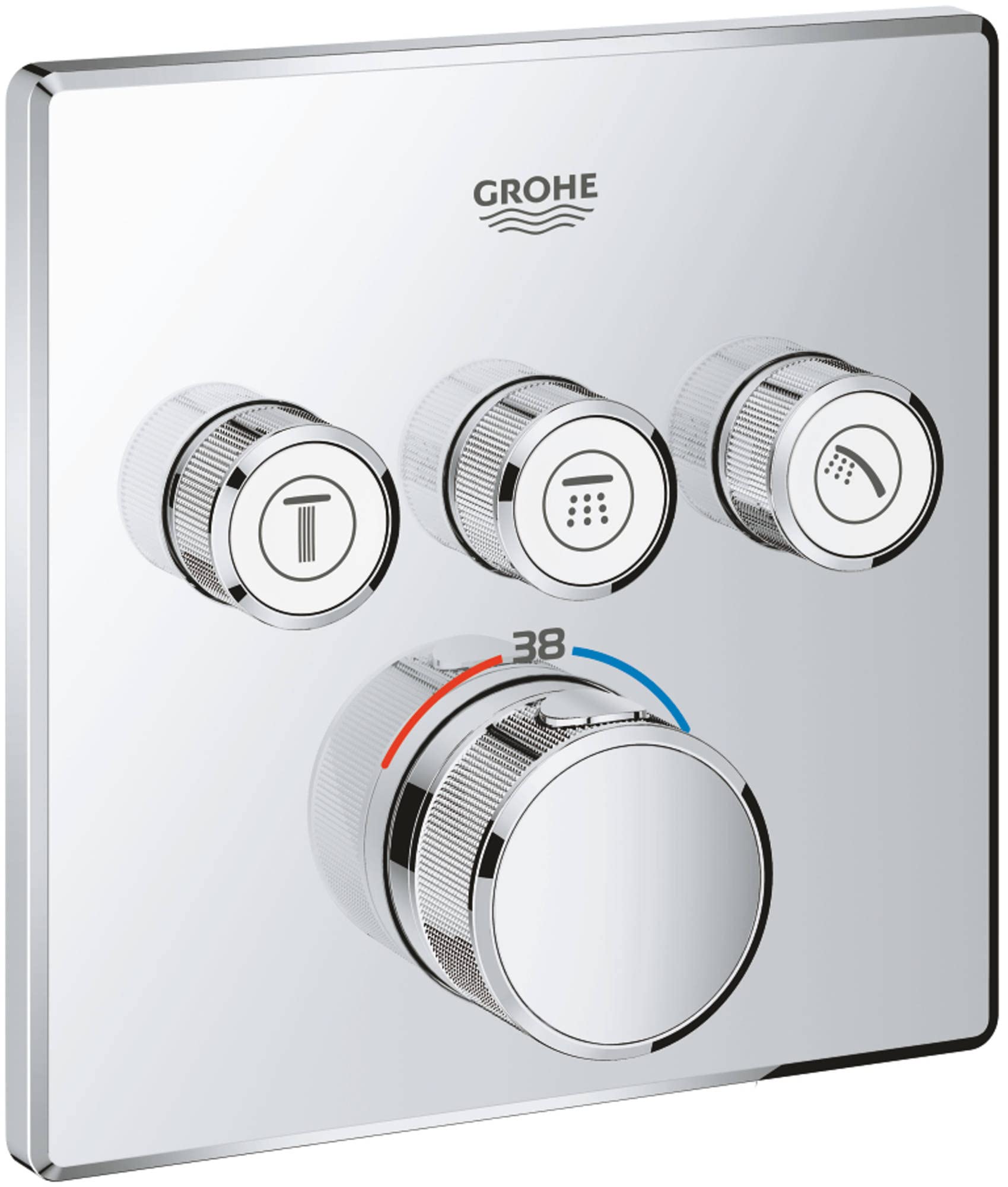 GROHE Grohtherm SmartControl - Concealed Square Thermostat for Shower or Bath (3 Valves, Push for ON-OFF, Turn for Volume Adjustment, Safety Button at 38°C, Requests Rapido SmartBox), Chrome, 29126000